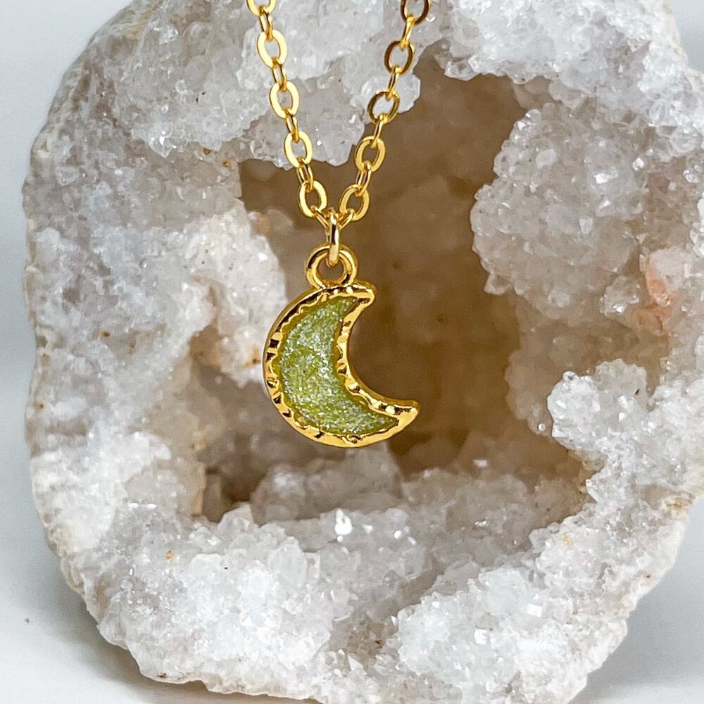 3/$20 14k Gold Grass Green Glitter Resin Moon Charm Handmade Pendant Necklace